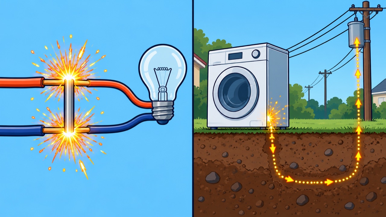 左は電球を飛ばして電線どうしがつながる短絡、右は洗濯機から漏れた電気が大地を通って変圧器へ戻る地絡のイメージ